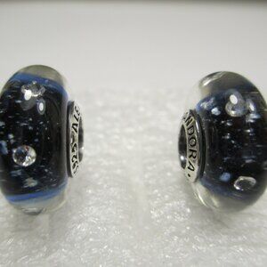 2 Midnight Blue Galaxy Effervescence Clear CZ Pandora Charms Murano Glass Bead